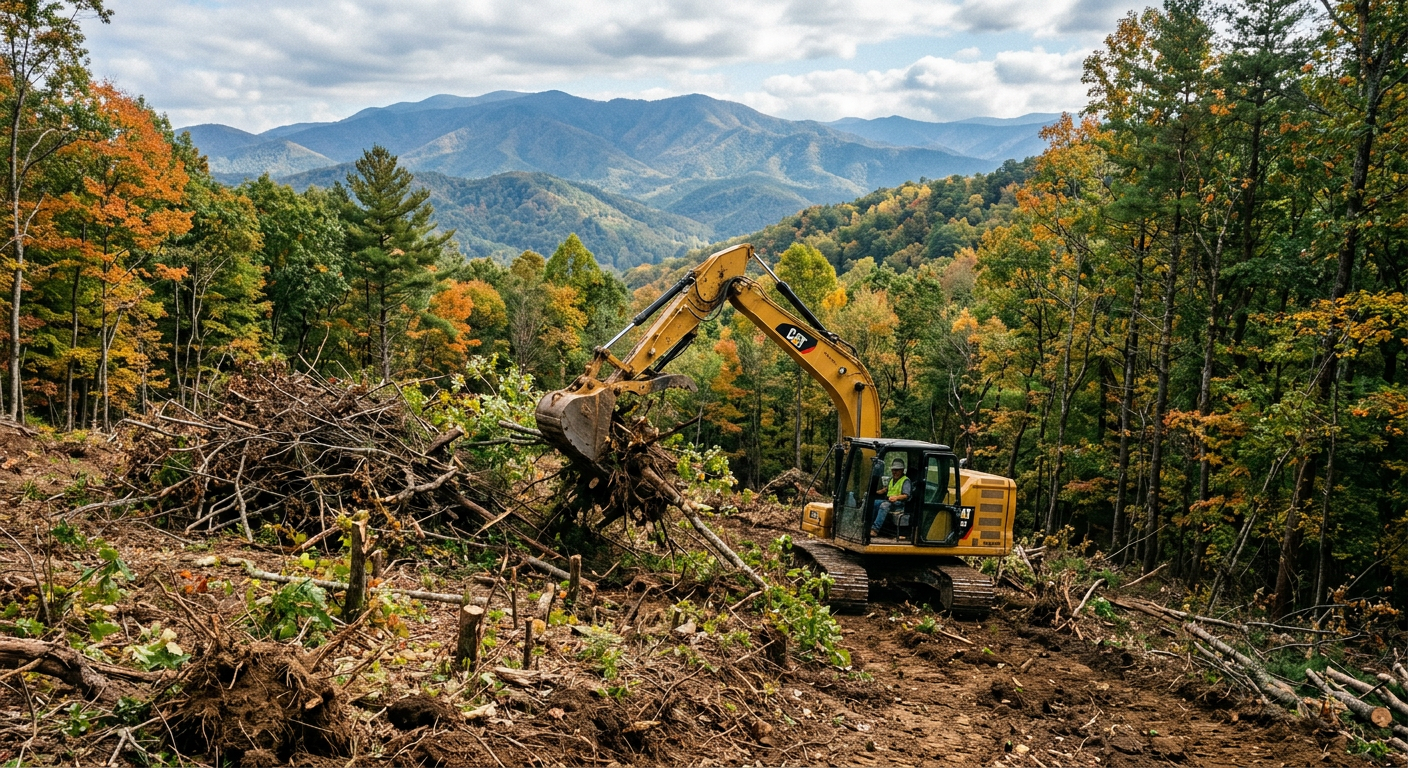 Cleared brush and trees on a wooded Smoky Mountain property